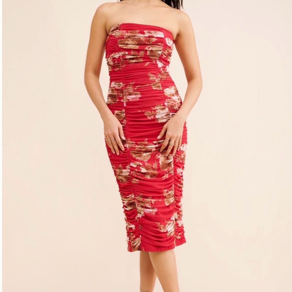Anthropologie Let Me Be Ruched Mesh Midi Dress - Red Floral Print